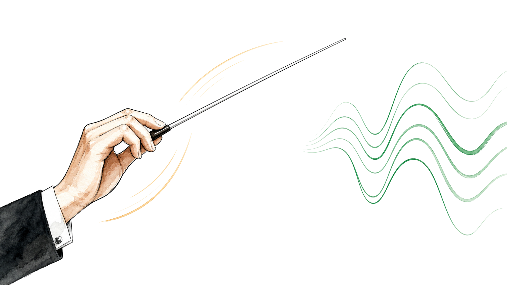 Hand waving a conductor baton toward sound waves